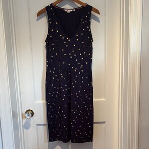 Boden Melinda Jersey dress in navy blue with gold polka dots